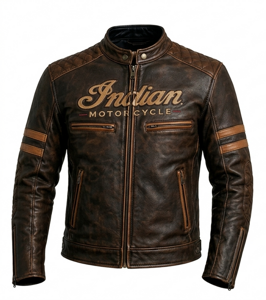 Indian Motorcycle Riding Jacket | Distressed Leather with Embroidered Logos
