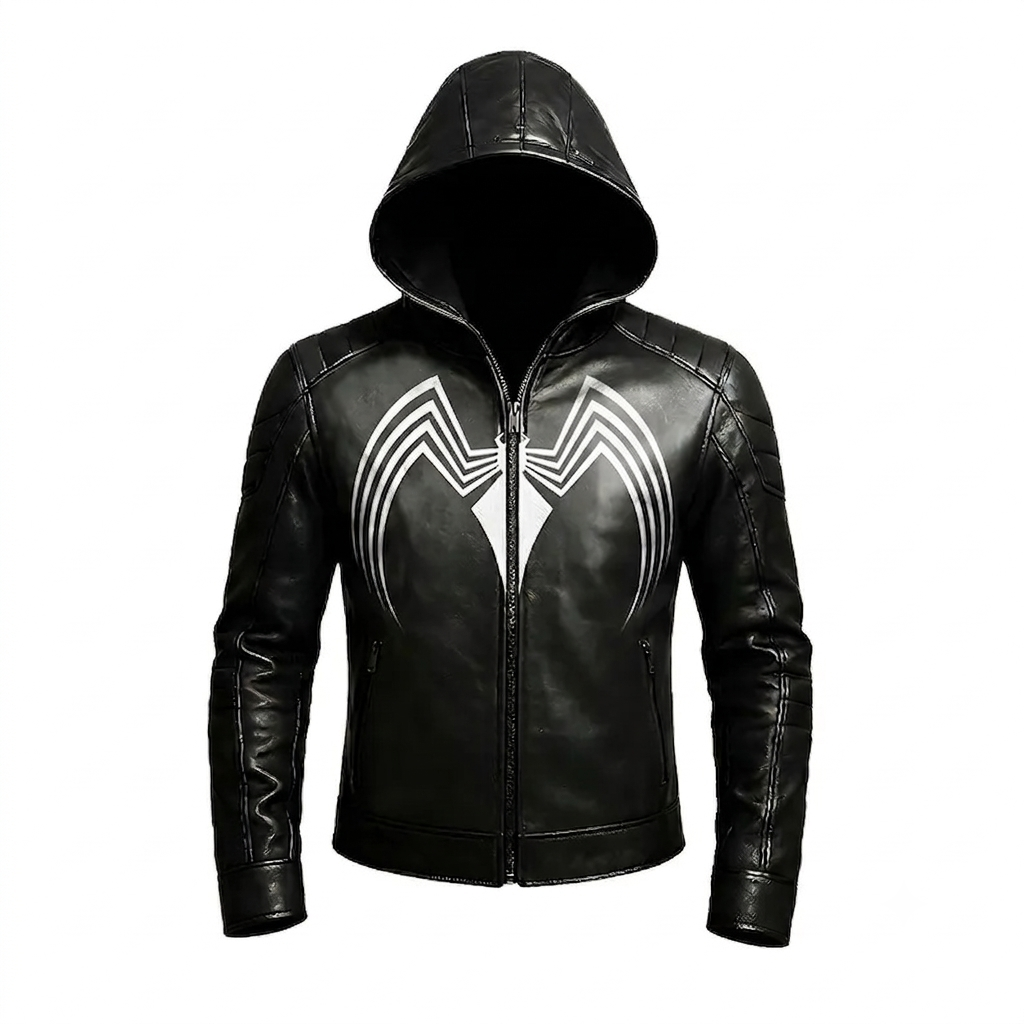 Dark Hooded Leather Cosplay Jacket, Venom Inspired Superhero Coat, Comic Outfit