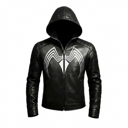 Dark Hooded Leather Cosplay Jacket, Venom Inspired Superhero Coat, Comic Outfit