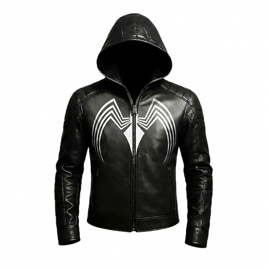 Dark Hooded Leather Cosplay Jacket, Venom Inspired Superhero Coat, Comic Outfit