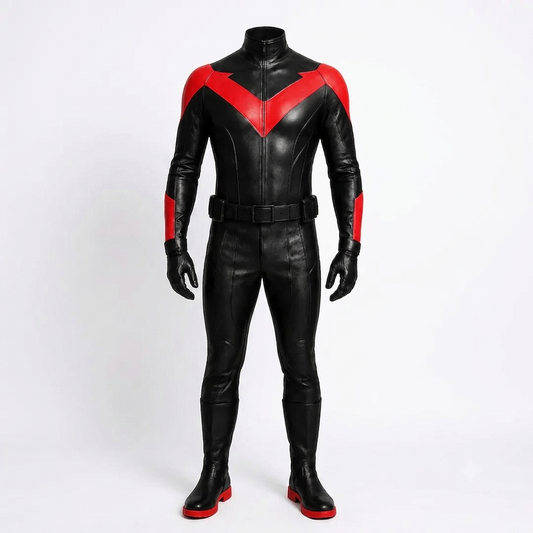Adult Red Wing Vigilante Cosplay Leather Jumpsuit, Custom Superhero Costume, Comic-Inspired Halloween Outfit