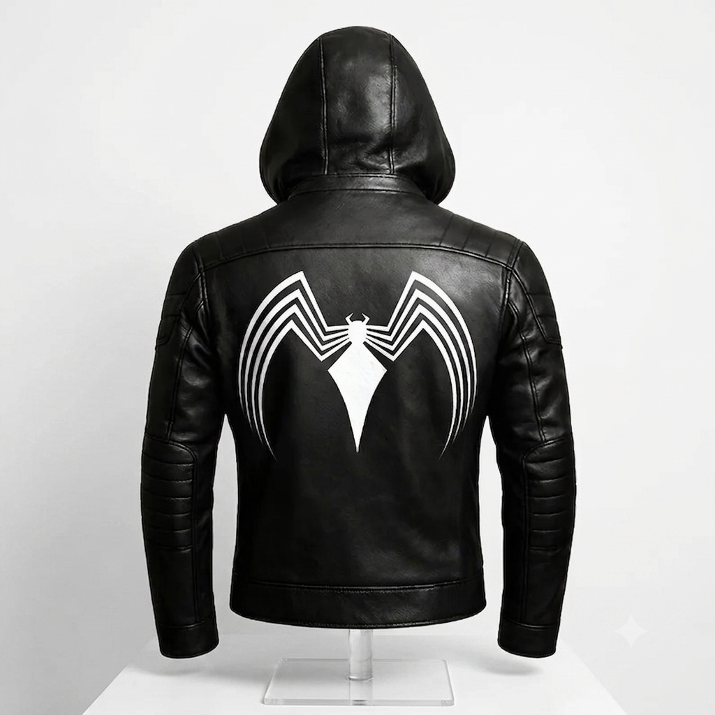 Dark Hooded Leather Cosplay Jacket, Venom Inspired Superhero Coat, Comic Outfit