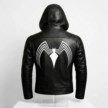 Dark Hooded Leather Cosplay Jacket, Venom Inspired Superhero Coat, Comic Outfit