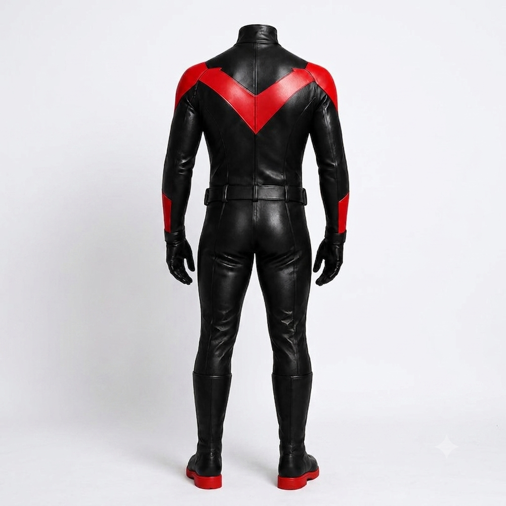 Adult Red Wing Vigilante Cosplay Leather Jumpsuit, Custom Superhero Costume, Comic-Inspired Halloween Outfit