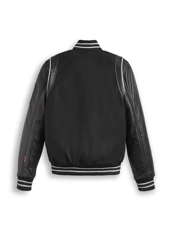 Black Varsity Leather Jacket With Stripes