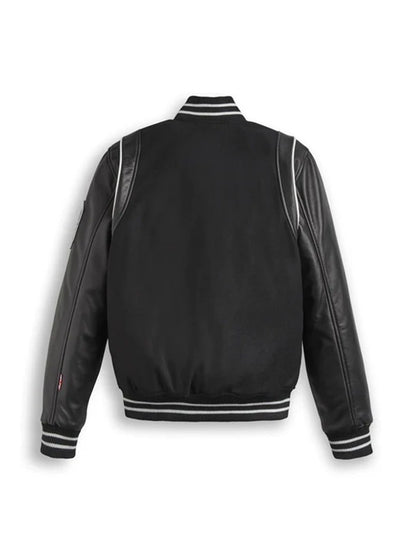 Black Varsity Leather Jacket With Stripes