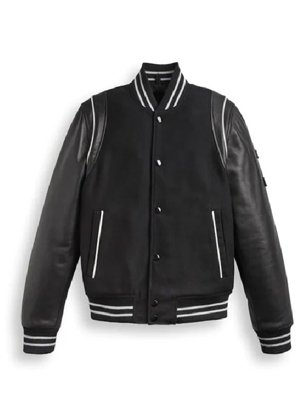Black Varsity Leather Jacket With Stripes