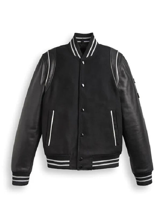 Black Varsity Leather Jacket With Stripes