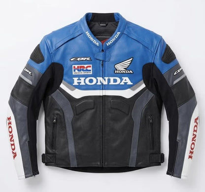 HONDA CBR Leather Motorcycle Jacket: Blue & Black, Fully Armored