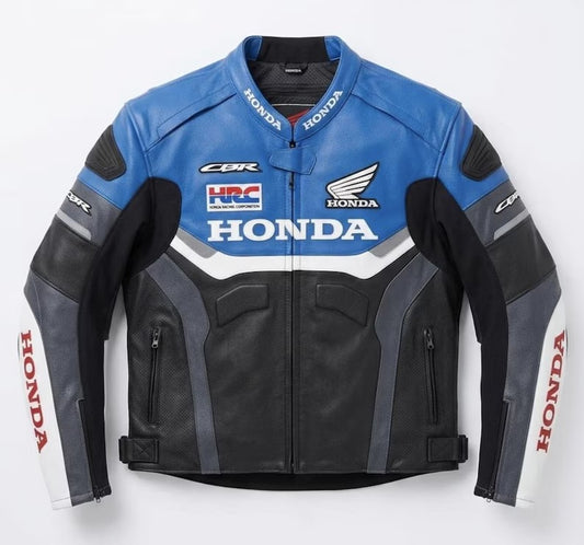 HONDA CBR Leather Motorcycle Jacket: Blue & Black, Fully Armored