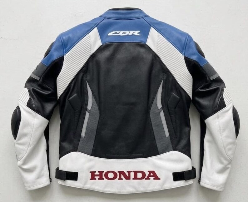 HONDA CBR Leather Motorcycle Jacket: Blue & Black, Fully Armored