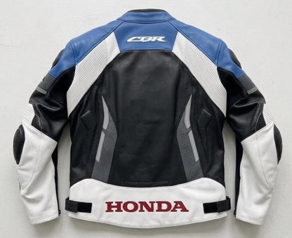 HONDA CBR Leather Motorcycle Jacket: Blue & Black, Fully Armored