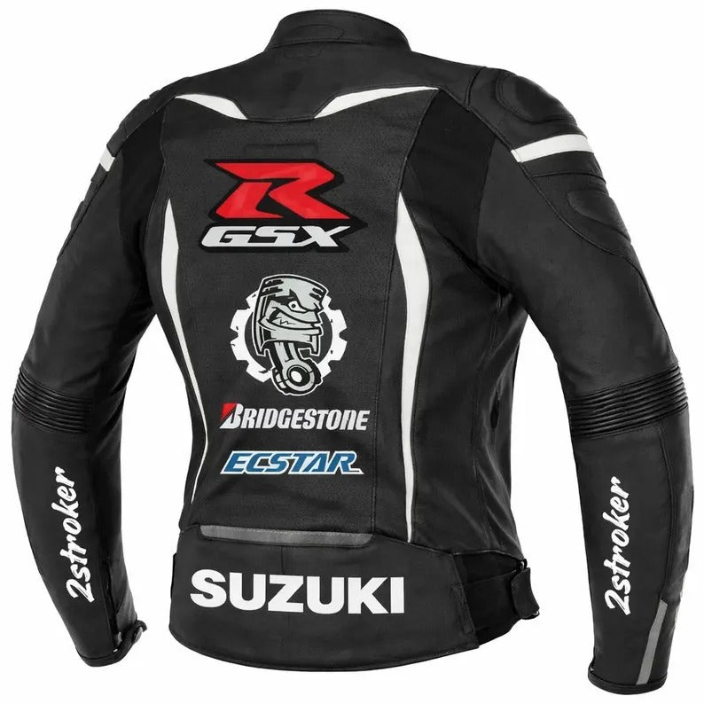 Suzuki GSXR Leather Motorcycle Jacket, Motorbike Biker Racing Jacket, Kevlar CE Armor, Riding Gear