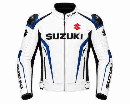 Men White Suzuki Motorbike Leather Racing Jacket Personalized Sports Biker Jacket