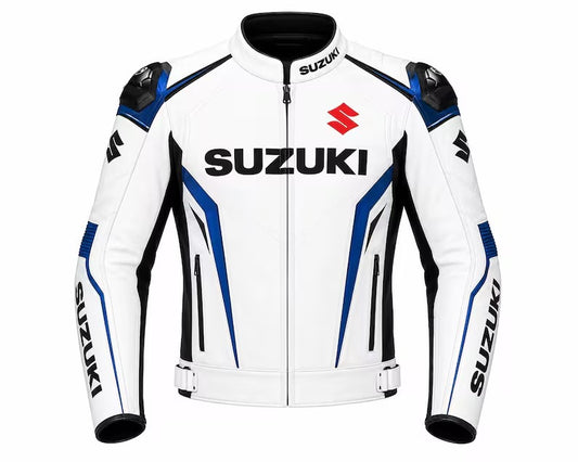 Men White Suzuki Motorbike Leather Racing Jacket Personalized Sports Biker Jacket