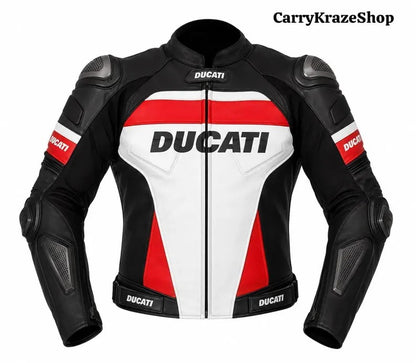 Ducati Circuit Apex Asymmetric Crimson & Pearl White Racing Leather Jacket
