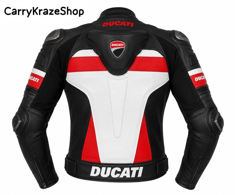 Ducati Circuit Apex Asymmetric Crimson & Pearl White Racing Leather Jacket