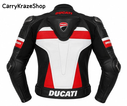 Ducati Circuit Apex Asymmetric Crimson & Pearl White Racing Leather Jacket