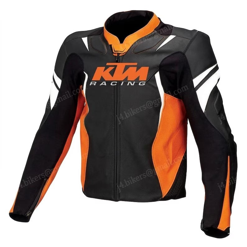KTM Racing Leather Motorcycle Jacket – Men’s Orange Black Biker Protective Gear