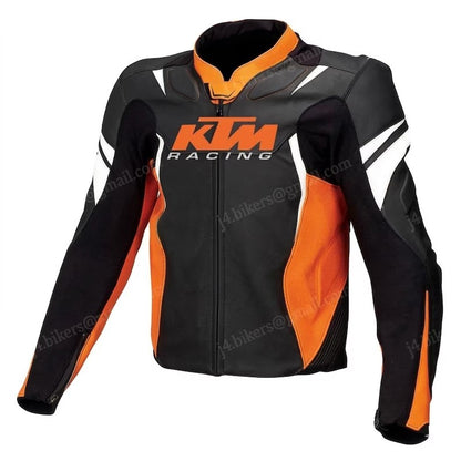 KTM Racing Leather Motorcycle Jacket – Men’s Orange Black Biker Protective Gear