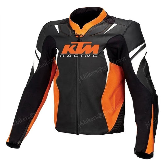 KTM Racing Leather Motorcycle Jacket – Men’s Orange Black Biker Protective Gear