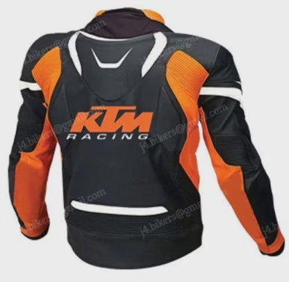 KTM Racing Leather Motorcycle Jacket – Men’s Orange Black Biker Protective Gear