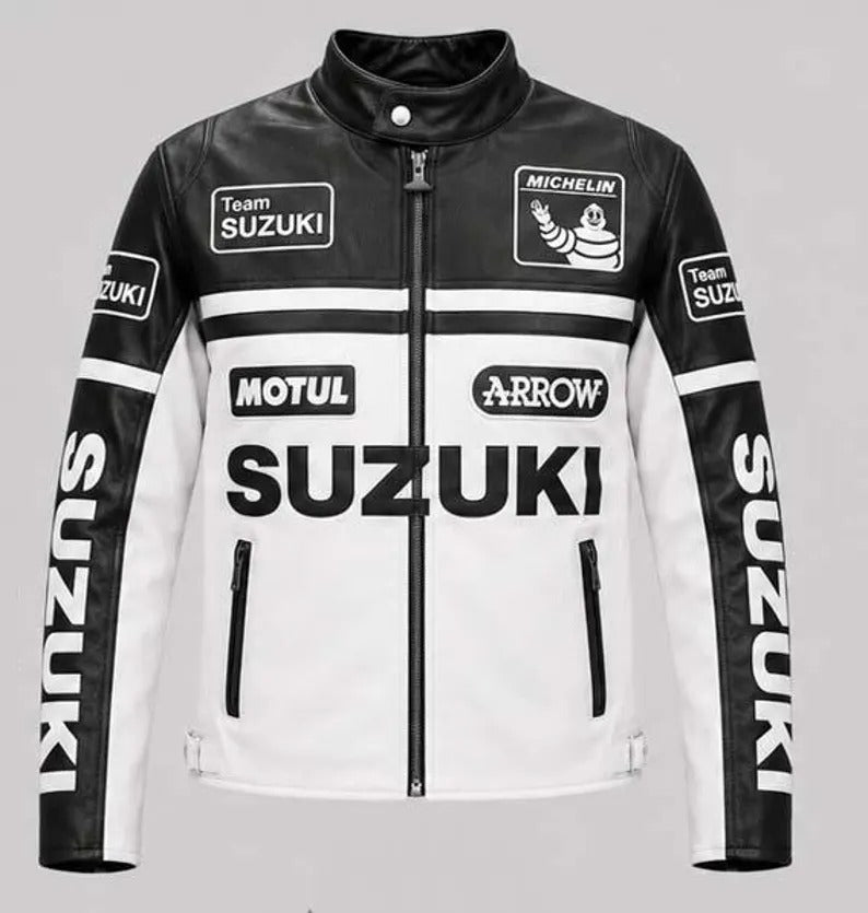 Unisex Vintage Suzuki Black & White Leather Racing Jacket – Motorsport Biker Style