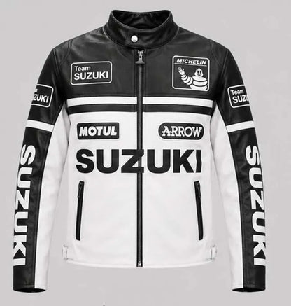 Unisex Vintage Suzuki Black & White Leather Racing Jacket – Motorsport Biker Style