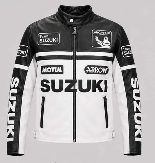 Unisex Vintage Suzuki Black & White Leather Racing Jacket – Motorsport Biker Style