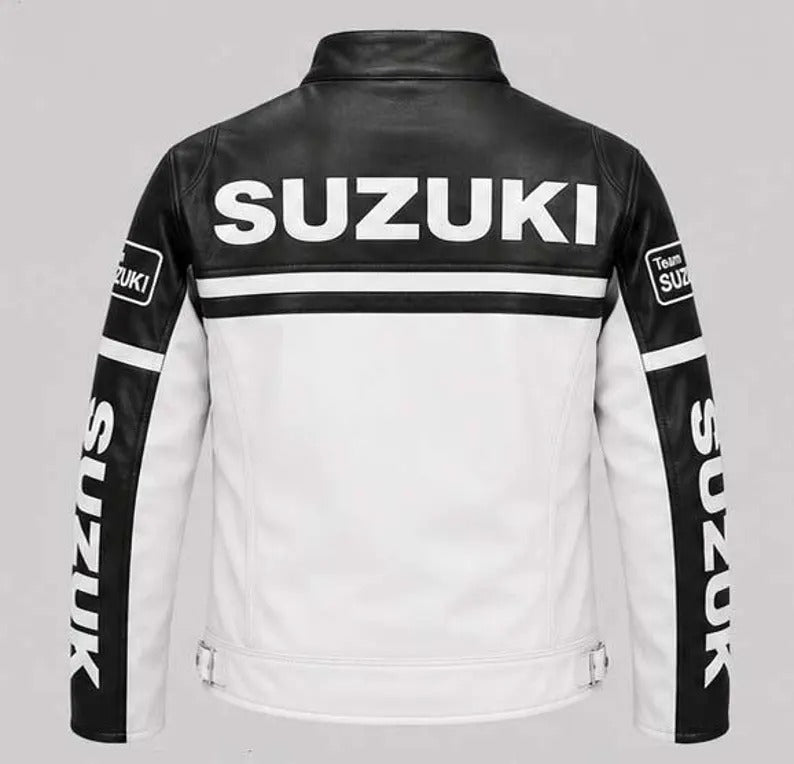 Unisex Vintage Suzuki Black & White Leather Racing Jacket – Motorsport Biker Style