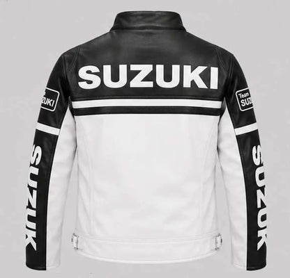 Unisex Vintage Suzuki Black & White Leather Racing Jacket – Motorsport Biker Style