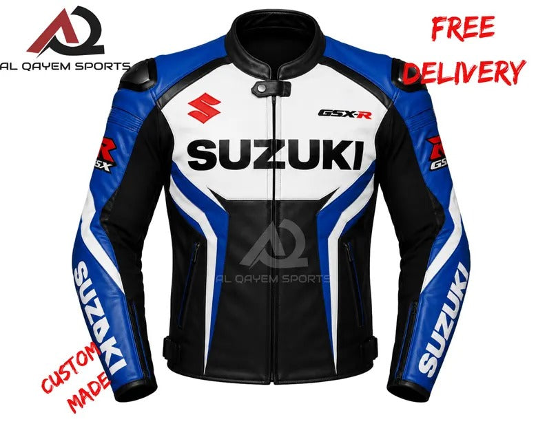 Custom Suzuki New Design Leather Motorcycle Jacket – Men’s Biker Racing Gear (CE Armour)