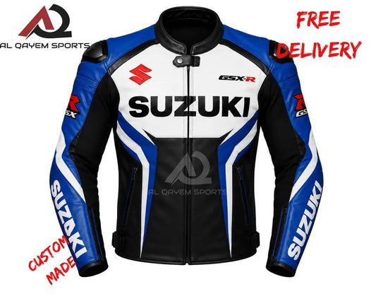 Custom Suzuki New Design Leather Motorcycle Jacket – Men’s Biker Racing Gear (CE Armour)