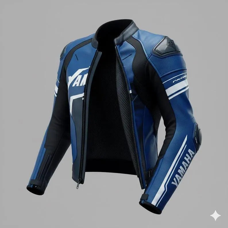 Yamaha Blue Leather Motorcycle Jacket | Racing Biker Protective Gear for Him