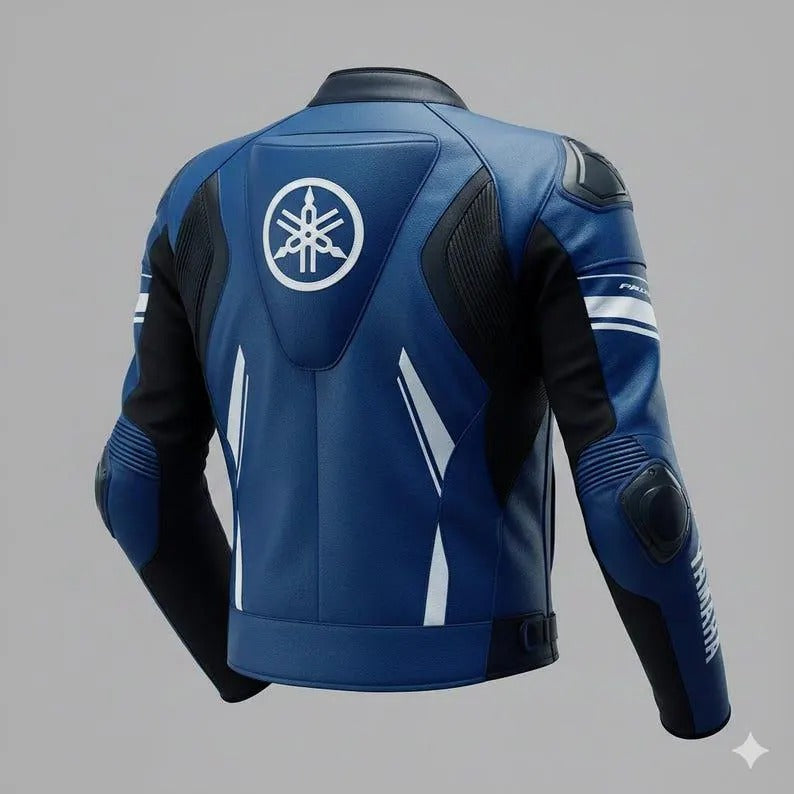 Yamaha Blue Leather Motorcycle Jacket | Racing Biker Protective Gear for Him