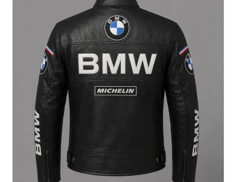 BMW Men's Black Cowhide Leather Racing Motorcycle Biker Jacket