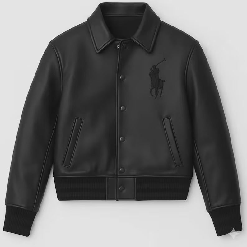 Polo leather Jacket Black Cowhide Leather Bomber Jacket print Polo Embroidered Jackets