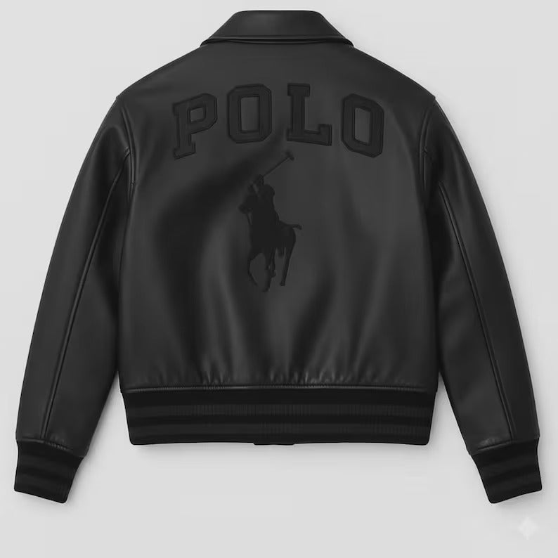 Polo leather Jacket Black Cowhide Leather Bomber Jacket print Polo Embroidered Jackets