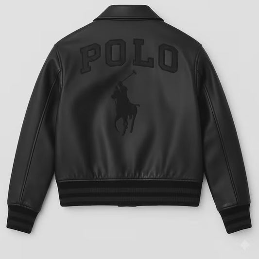 Polo leather Jacket Black Cowhide Leather Bomber Jacket print Polo Embroidered Jackets