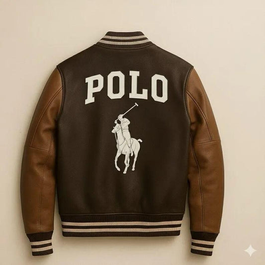 Men’s Polo Brown Leather Varsity Jacket Embroidered Horse Bomber Coat