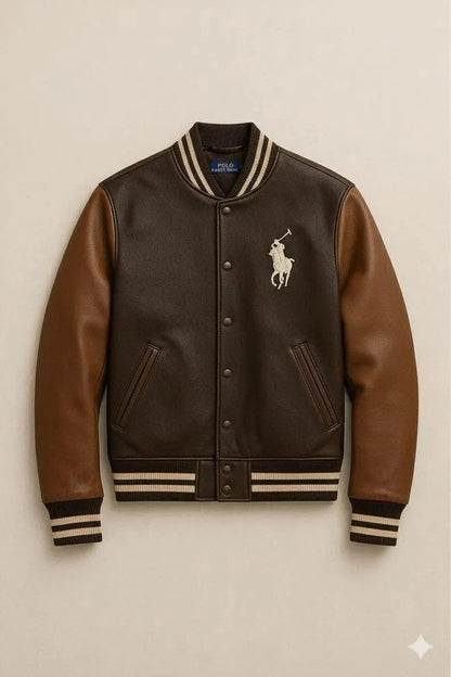 Men’s Polo Brown Leather Varsity Jacket Embroidered Horse Bomber Coat