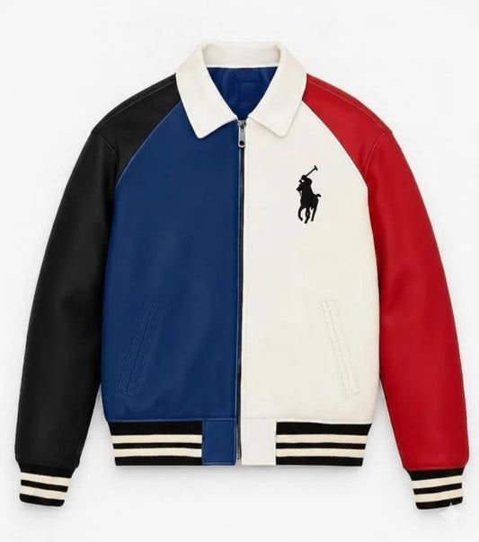 Handmade Polo Ralph Lauren Leather Varsity Jacket | Multi Color Block Bomber