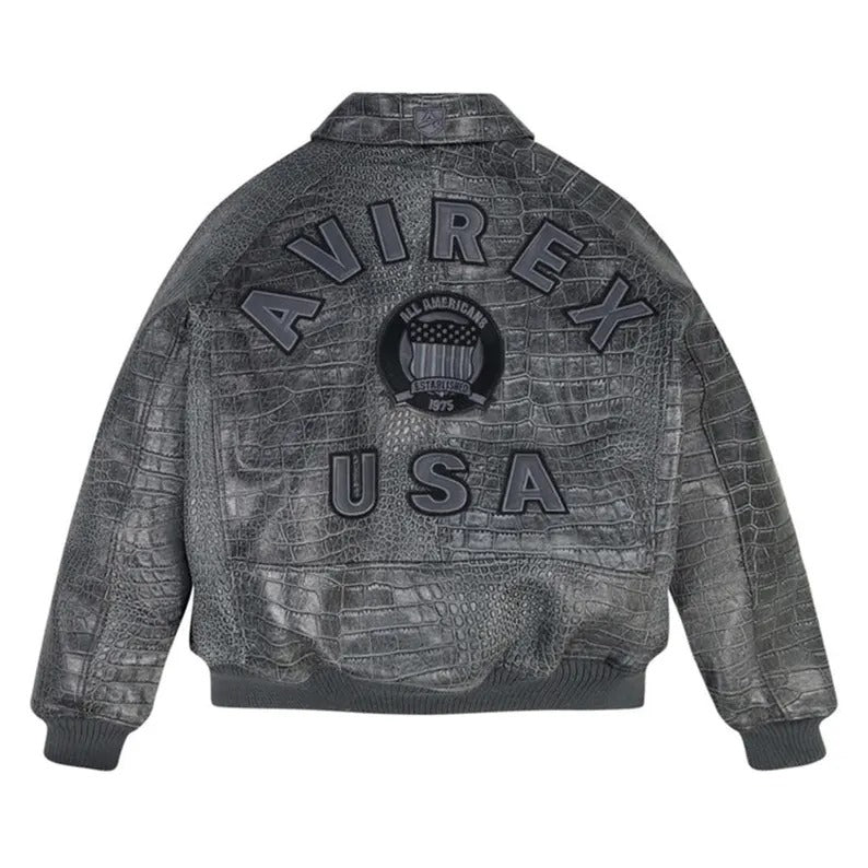 Men’s Avirex Leather Bomber Jacket, Distressed Croc Icon Jacket, Handmade Genuine Leather Pilot Jacket
