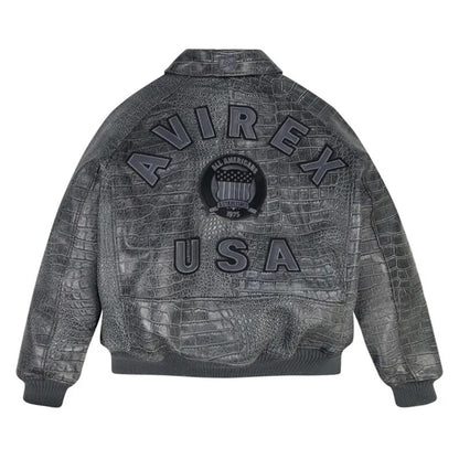 Men’s Avirex Leather Bomber Jacket, Distressed Croc Icon Jacket, Handmade Genuine Leather Pilot Jacket
