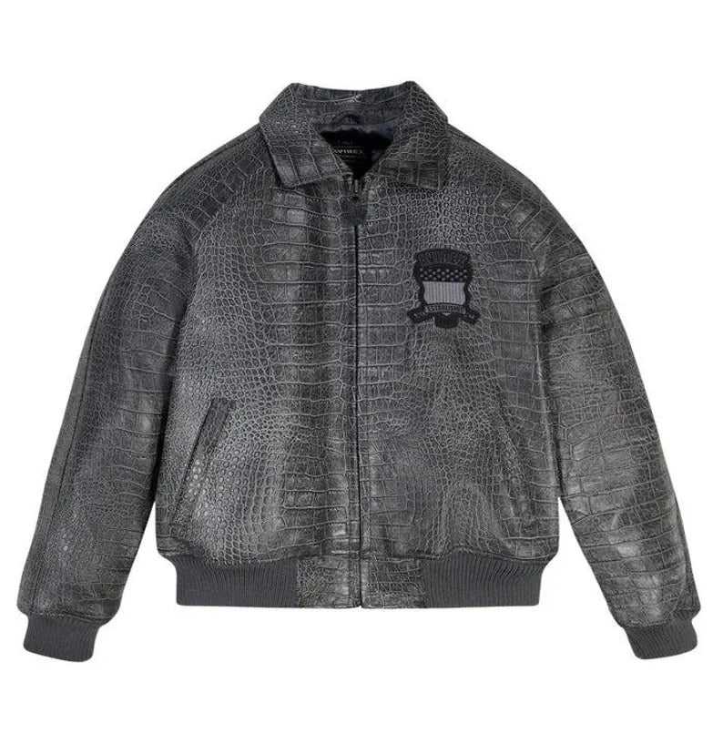 Men’s Avirex Leather Bomber Jacket, Distressed Croc Icon Jacket, Handmade Genuine Leather Pilot Jacket