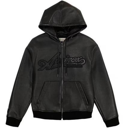 Men's Avirex Black Leather Hoodie American Bomber Leather Hooded Coat