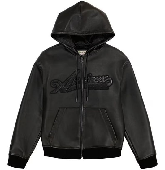 Men's Avirex Black Leather Hoodie American Bomber Leather Hooded Coat