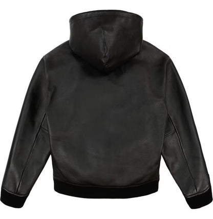 Men's Avirex Black Leather Hoodie American Bomber Leather Hooded Coat