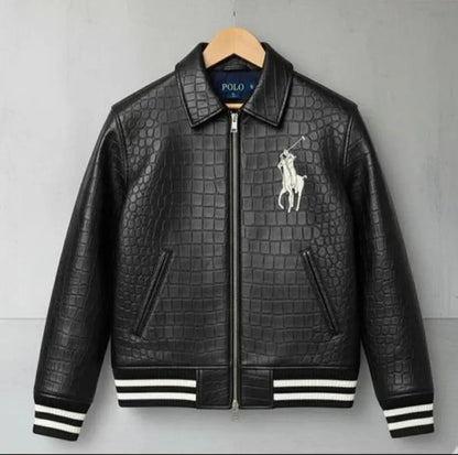 Men's Polo Ralph Lauren Black 100% Genuine Crocodile Embossed Leather Motorcycle Bomber Jacket