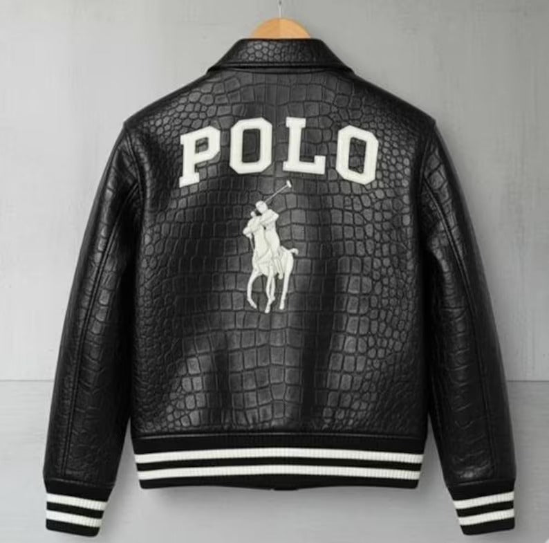 Men's Polo Ralph Lauren Black 100% Genuine Crocodile Embossed Leather Motorcycle Bomber Jacket